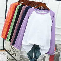 New 2020 Female T-shirt Round collar Contrast Color Long Sleeve T Shirt Women spring  T-Shirts For Women Patchwork T Shirt