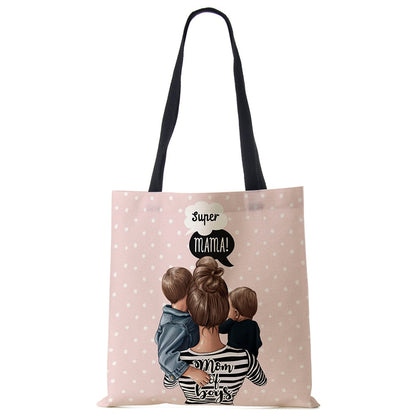Cute Cartoon Super Mama Print Linen Tote Bag Reusable Shoulder Bags Mom