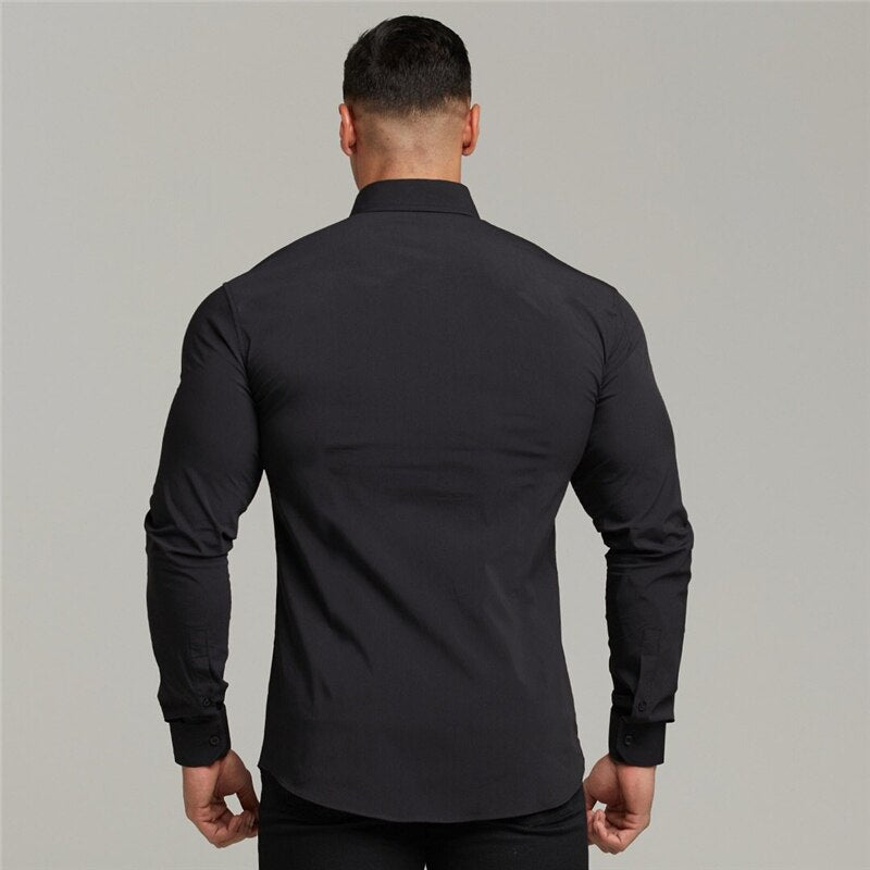 Men Fashion Casual long Sleeve Solid Shirt Super Slim Fit Male
