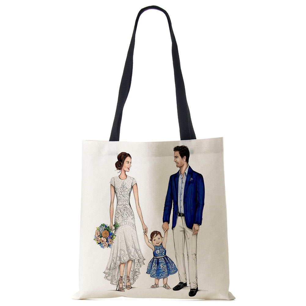 Cute Cartoon Super Mama Print Linen Tote Bag Reusable Shoulder Bags Mom