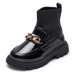 Metal Chain Girls Boys Fashion Boots PU Leather Knitting Patchwork Slip On Kids