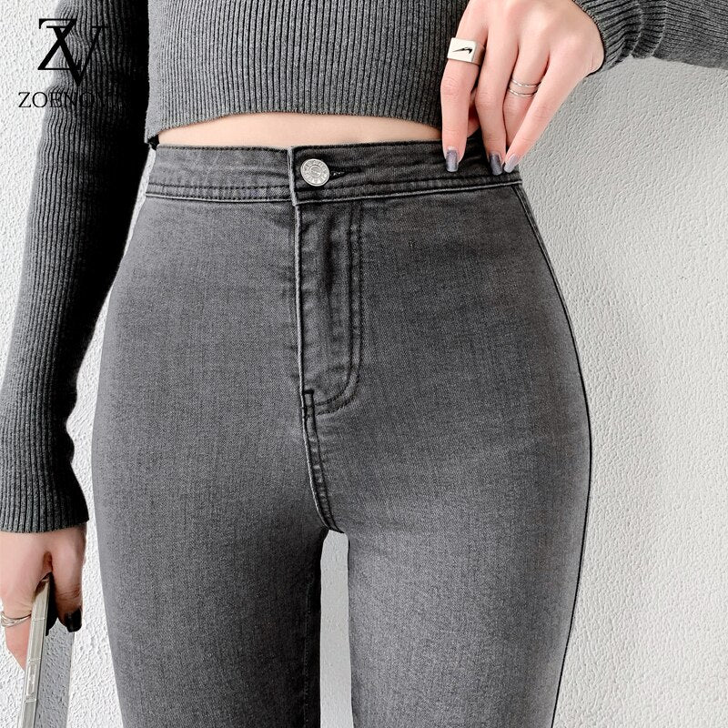 Skinny Jeans For Woman 90s Super Stretch Gray Denim High Waist