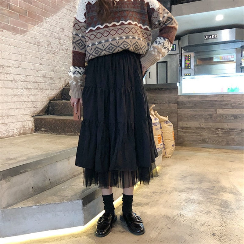 Long Tulle Midi Skirts Womens Autumn Elastic High Waist Mesh Tutu Pleated Skirts