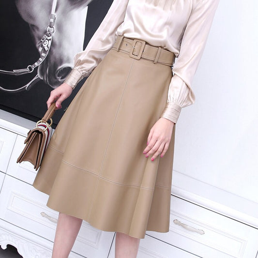 Stylish Genuine Leather Skirt Women Spring European Style Champagne High Waist