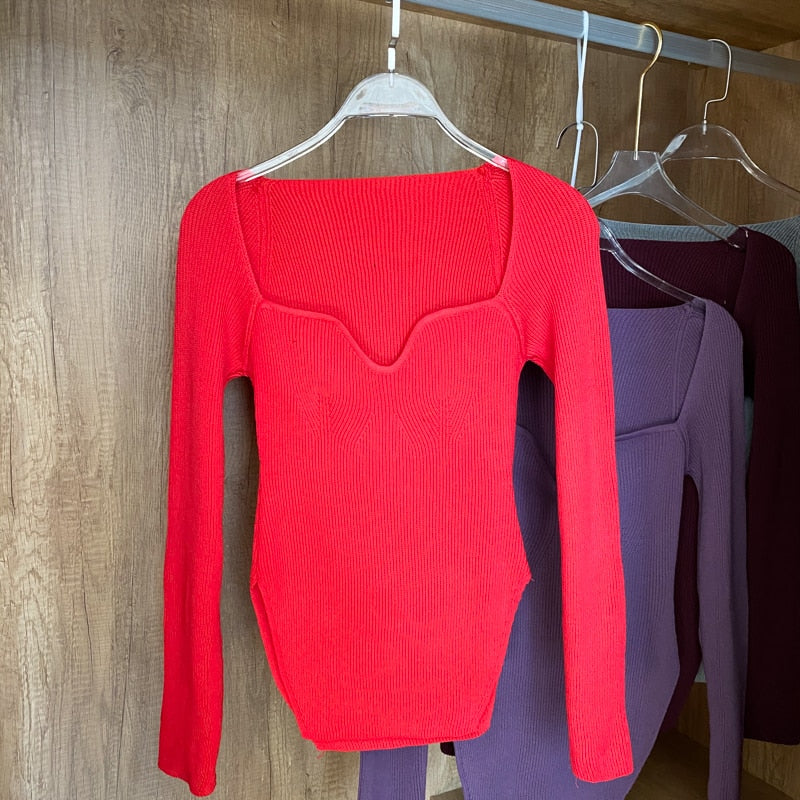 Square Collar Long Sleeve Woman Sweaters Knitted Pullover Women