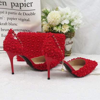 Flower Wedding Shoes With Matching Bags High Heels Pointed Toe Ankle Strap