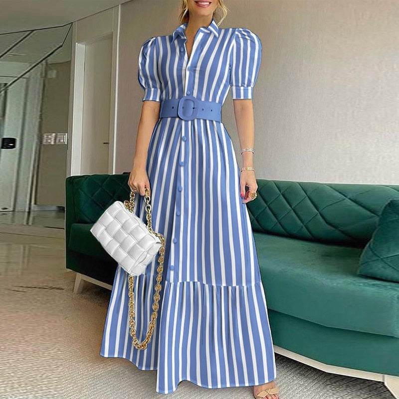 Puff Shoulder Sexy Party Dress Spring Solid Button Long Shirt Dress Women