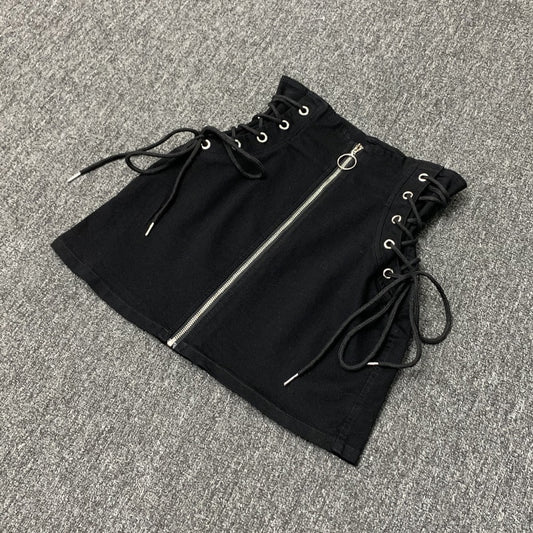 Denim A-line lace-up skirts women front ring zipper fashion empire mini skirt bottoms women