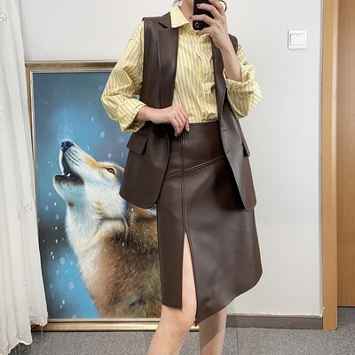 Skirt With Slit Women Elegant Genuine Leather High Waist OL Knee Long Split Jupe
