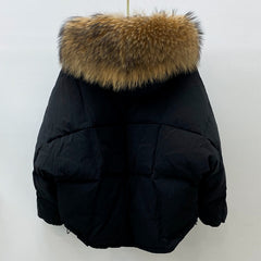 Huge Natural Raccoon Fur Hooded Winter Down Coat Women