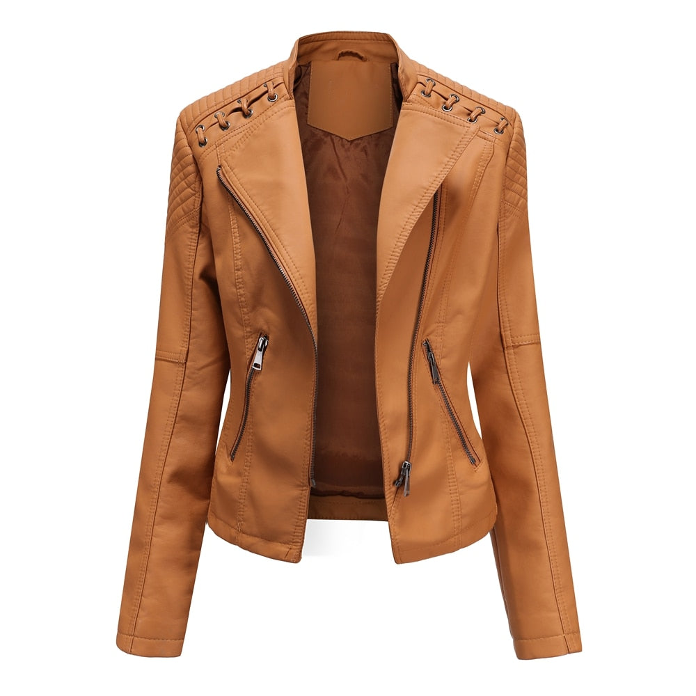 Women's Leather Jacket Slim Turn-down Collar Short PU Leather Jacket