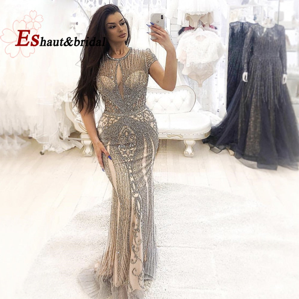 Evening wear Dresses: Wedding Evening Night Dresses Short Sleeves O Neck Beading
