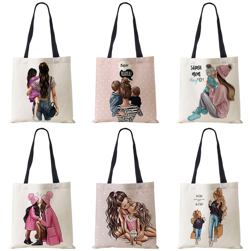 Cute Cartoon Super Mama Print Linen Tote Bag Reusable Shoulder Bags Mom