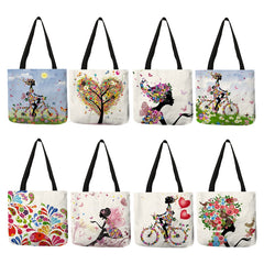 Wishing Girl Print Linen Reusable Shopping Bags Women Large Tote Bags