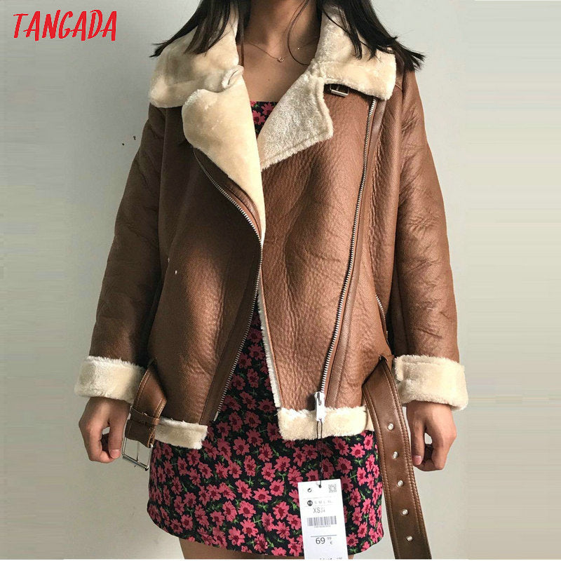 Tangada Women beige fur faux leather jacket coat with belt turn down