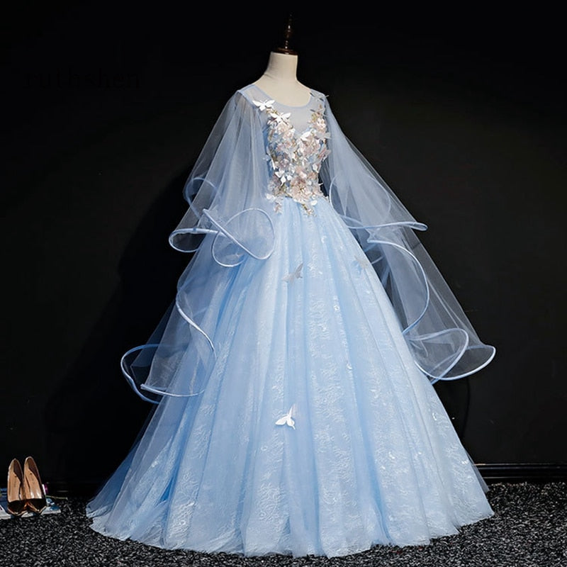 Blue Prom Dresses Long With Butterfly Tailored Long Sleeves Vestidos De Gala