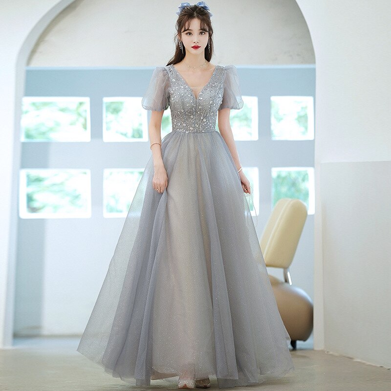 Evening wear Dresses: Formal Evening Prom Dress Gorgeous V Neck Puff Sleeve