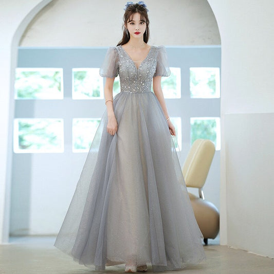 Evening wear Dresses: Formal Evening Prom Dress Gorgeous V Neck Puff Sleeve