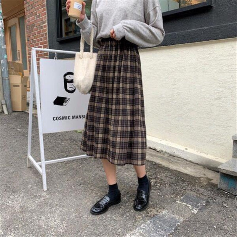Vintage Wool Pleated Plaid Skirt Women High Waist Plus Size Long Skirt