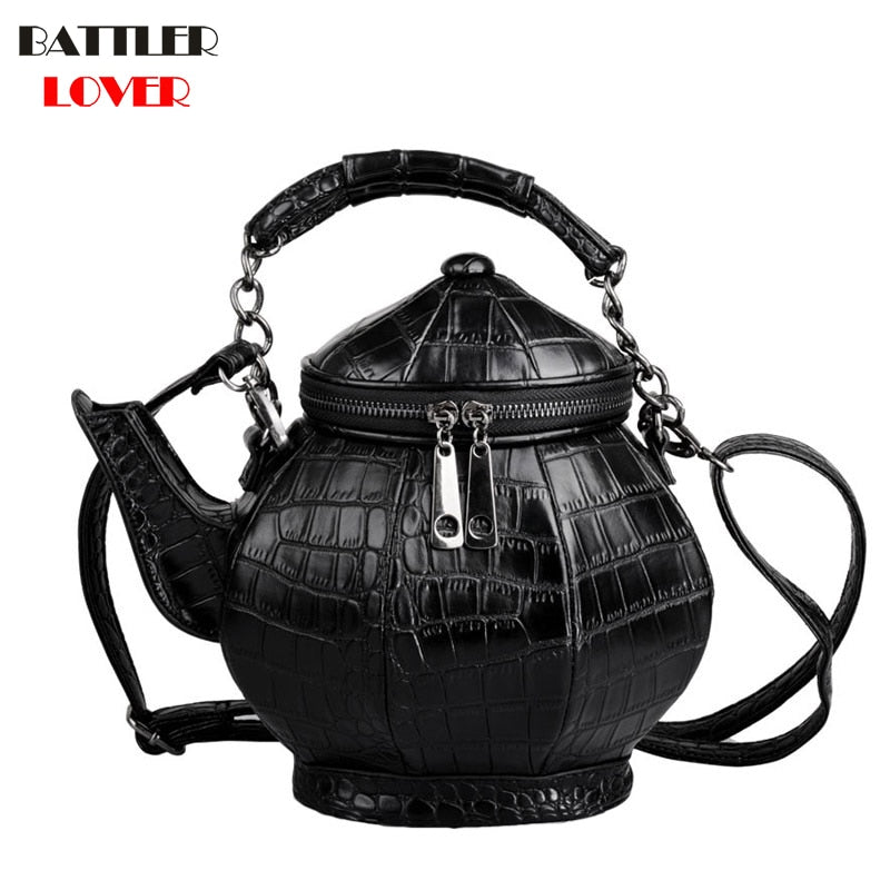 Fashion Funny Teapot Shaped Handbag Women Stone Pattern Leather Single