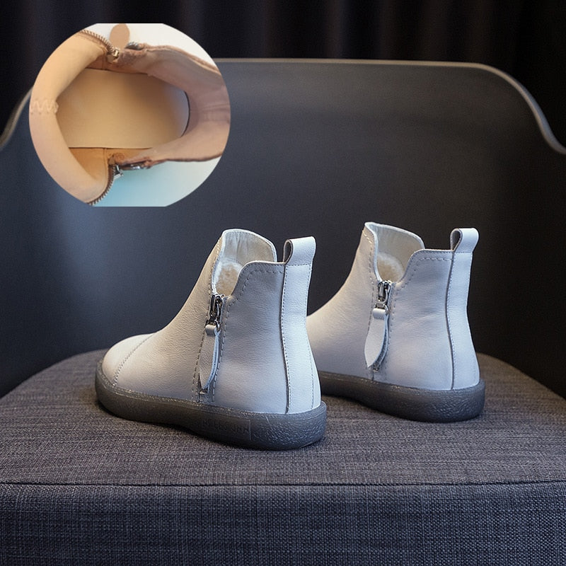 Genuine Leather Cow Women Ankle Boots Warm Fur Waterproof