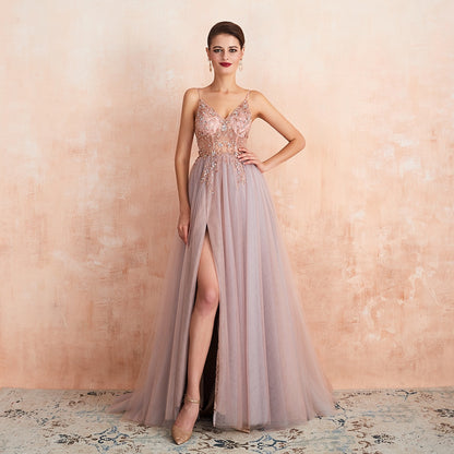 Prom Dresses Long Sexy See Through A-Line Split Tulle V Neck Spaghetti