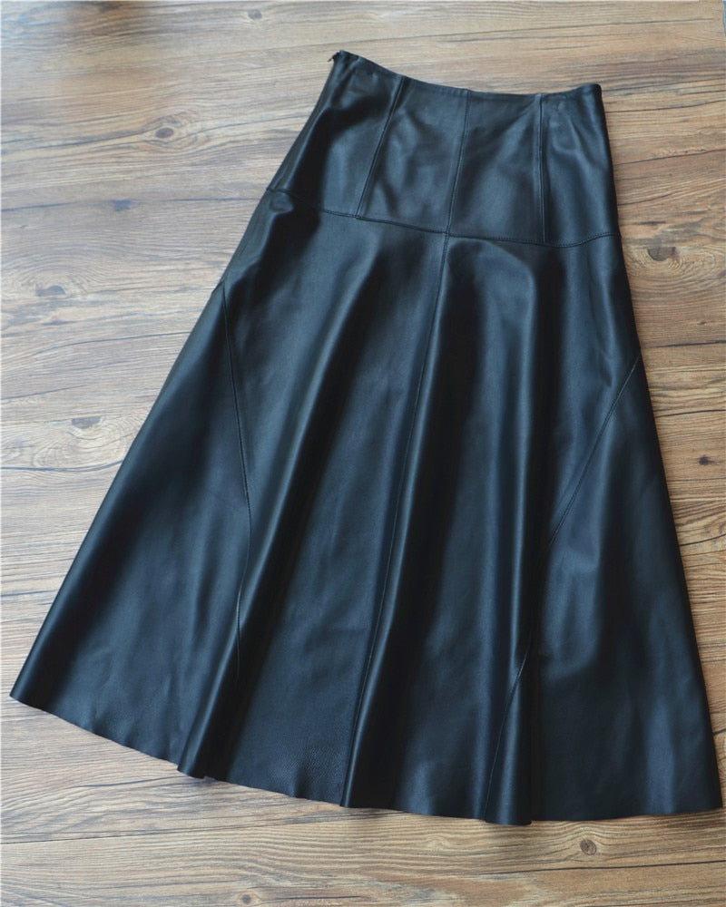 Maxi Skirt Winter Women Splendid Genuine Leather Flared Gonne Female Umbrella