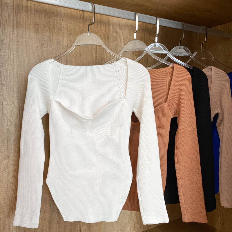 Square Collar Long Sleeve Woman Sweaters Knitted Pullover Women