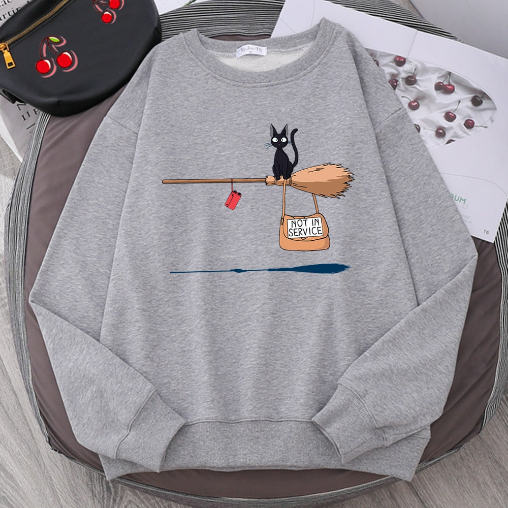 Cute Cat Not In Service Print Hoodies Women Casual Crewneck Sportswear