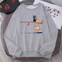 Cute Cat Not In Service Print Hoodies Women Casual Crewneck Sportswear