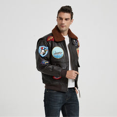 Dark Brown TOP GUN Pilot Leather Jacket Men Wool Collar Genuine Thick