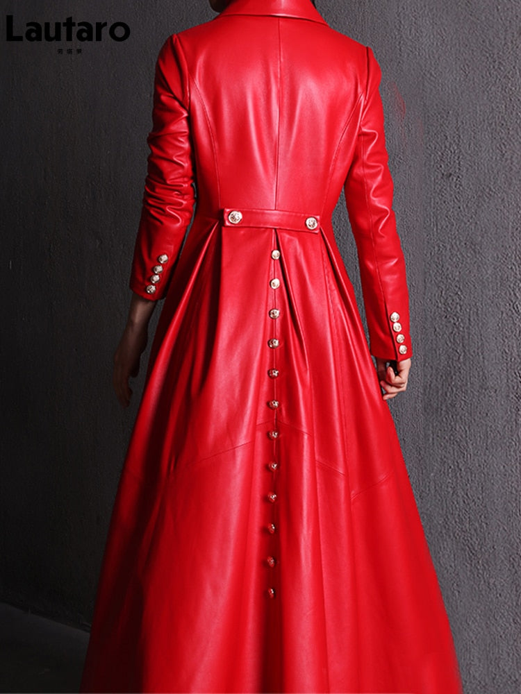 Autumn Long Skirted Red Black Faux Leather Trench Coat for Women
