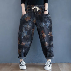 Vintage printing Harem Pants jeans Women Fashion Casual Loose Lace-up