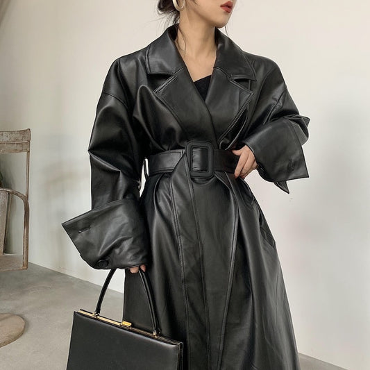 Long oversized leather trench coat for women long sleeve lapel loose fit