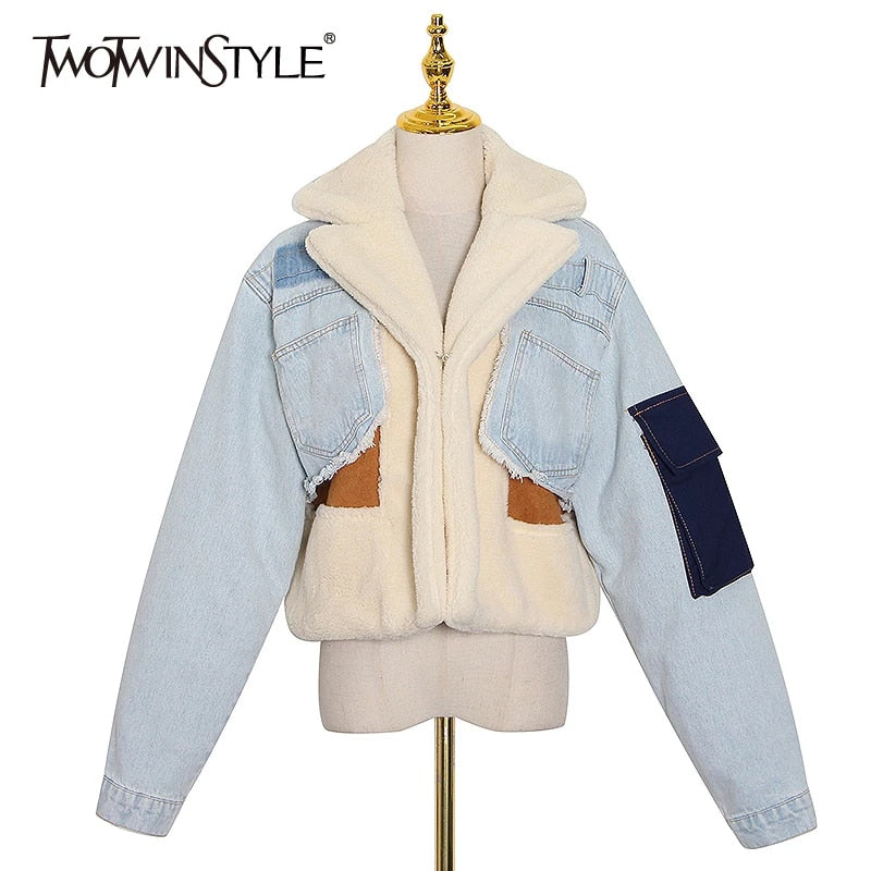 Patchowrk Lambswool Denim Jacket For Women Lapel Long