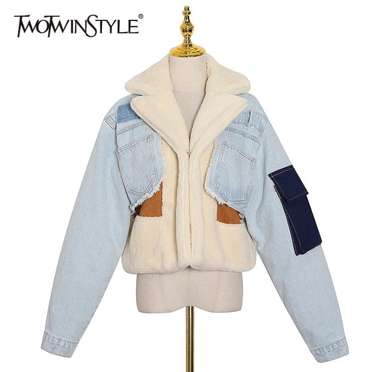 Patchowrk Lambswool Denim Jacket For Women Lapel Long