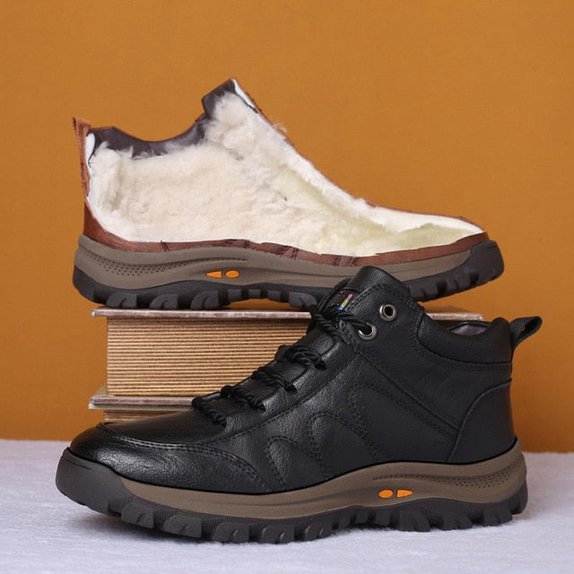 Men Leather Boots Wool Fur Thick Composite Sole Winter Shoes Men