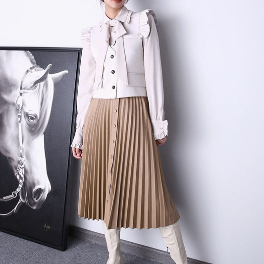 Pleated Long Skirt Women Natural Leather Pure Skin A-Line Buttons Maxi