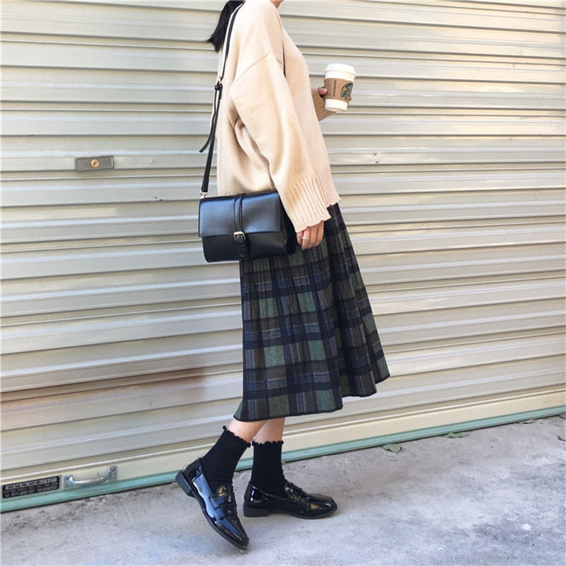 Woolen Winter Plus Size 3XL pleated plaid skirts Women Warm Vintage Long skirts