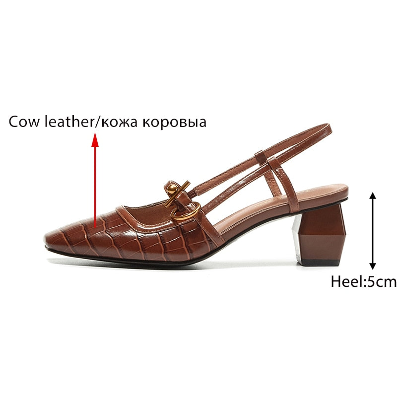 Genuine Leather Chunky Women Shoes Square Toe Buckle Strap Pumps Women Sandals Mary Jane Women Heels