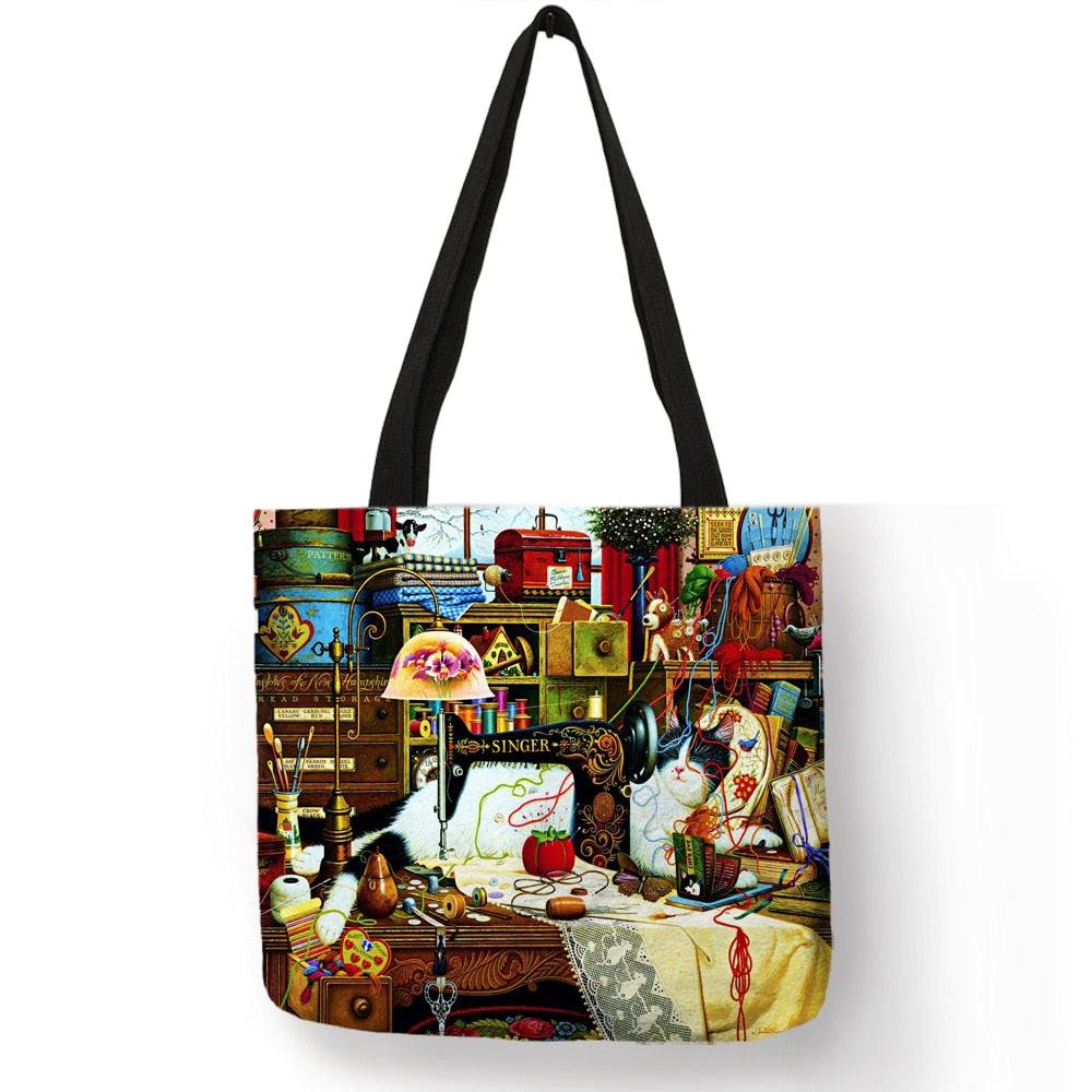 Customize Oil Painting Cat Print Womens Designer Tote Bags Linen