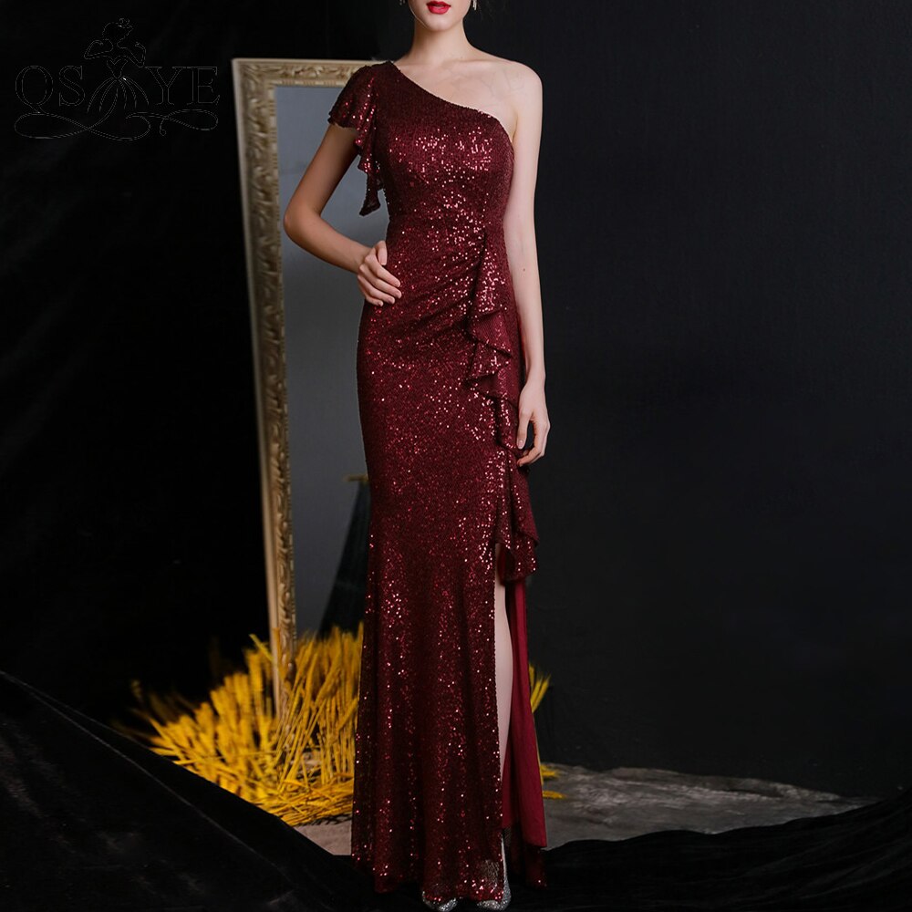 Evening wear Dresses: One Shoulder Silver Prom Dresses Ruffles Sequin Sheath