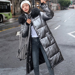 women X-long oversize blue down jackets thick casual with fur epaulet