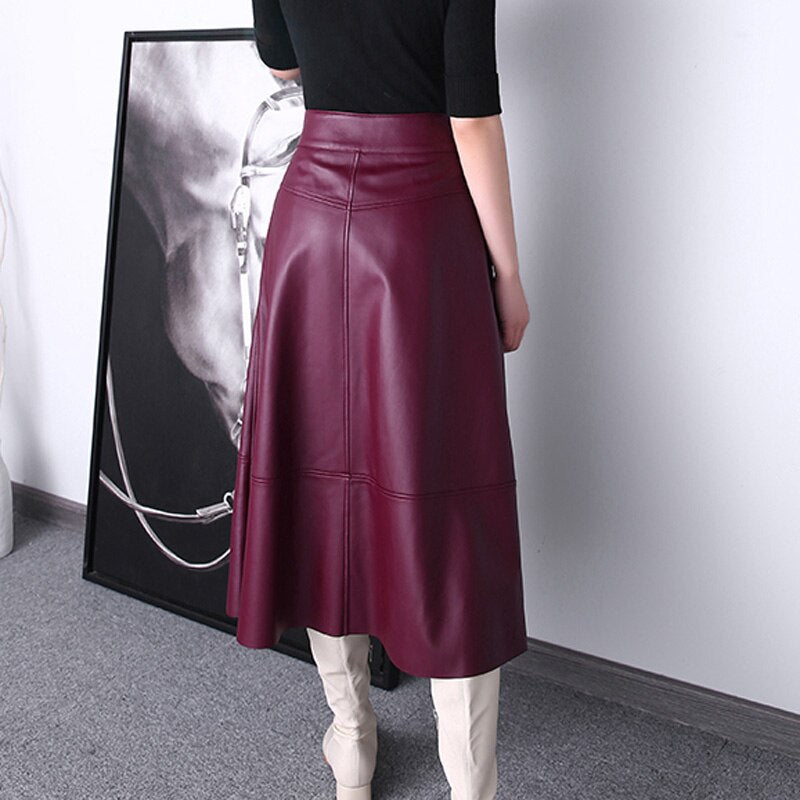 Women Maxi Skirt Femme Genuine Leather Side Pocket Buttons A-line