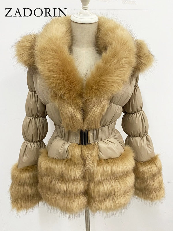 Winter Warm Detachable Down Jacket Women Furry FAUX Fur