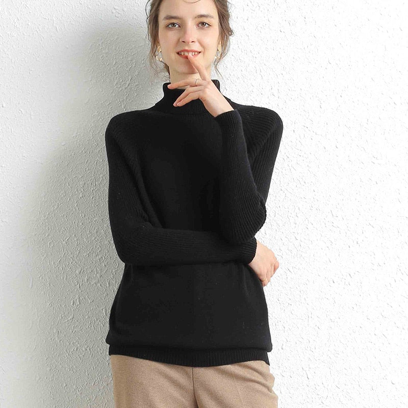 Women Turtleneck Merino Wool Cashmere Sweater Long Sleeves Autumn Winter Sweater