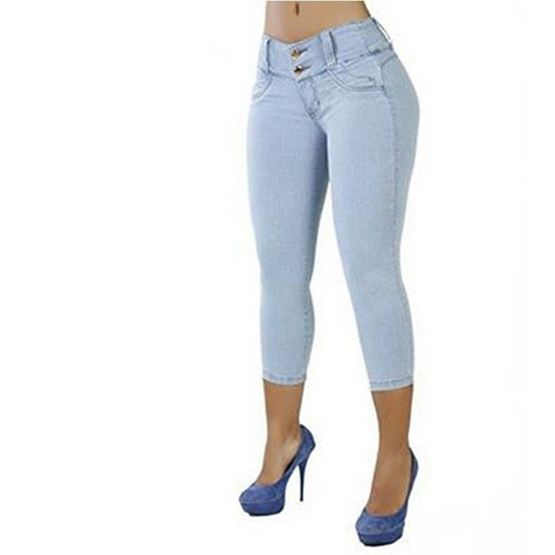 Women Casual Cropped Pants Solid Color Button Fly Waist Slim