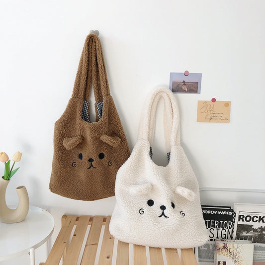 Winter Soft Plush Tote Bag Women Cartoon Embroidery Imitation