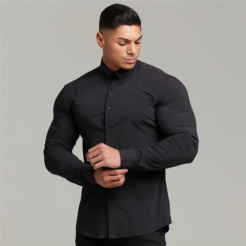 Men Fashion Casual long Sleeve Solid Shirt Super Slim Fit Male