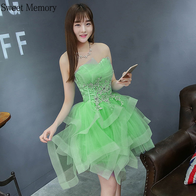 Homecoming Dresses: Princess Yellow Green Prom Dresses Girl Short Dress Sleeveless
